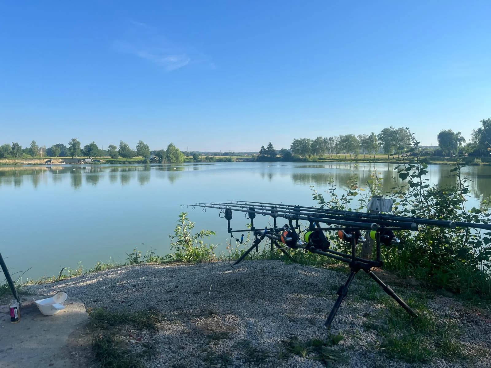 Tri šaranska štapa na rod podu na šljunčanoj obali, iza njih mirno jezero i drveće na suprotnoj obali